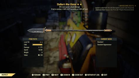 War glaive fallout 76 - Plan: War glaive plasma blade is a weapon mod plan in Fallout 76, introduced in the One Wasteland For All update. Can be bought from Regs in Vault 79 for 200 gold bullion. The plan is also sold by Minerva as part of her rotating inventory. The plan unlocks crafting of the plasma blade mod for the war glaive at a weapons workbench. 
